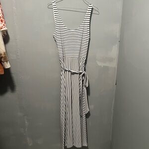 LOFT Black and White Striped Sleeveless Maxi Dress with Waist Tie